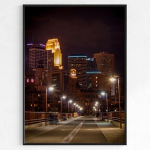 Stone Arch Bridge Walkway Nighttime Photo Wall Art, Photography Print Cityscape, Architecture, Minneapolis MN Skyline, Mississippi River