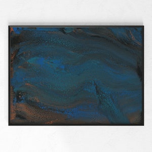 Puede incluir: Pintura abstracta con colores azules, verde azulado y marrones que se arremolinan. La pintura tiene un aspecto texturizado y marmoleado.