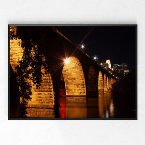 Stone Arch Bridge North Side Night Photo Wall Art, Landscape Home Décor, Color Nature Photography, Minneapolis MN Skyline, Mississippi River