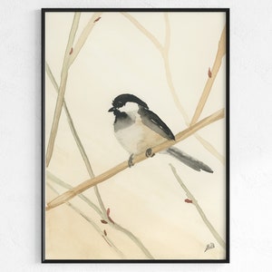 Chickadee Watercolor Wall Art, Tan, Gray and Black Bird Home Décor, Handmade Painting, Digital Download Printable, Chickadee Bird on Branch