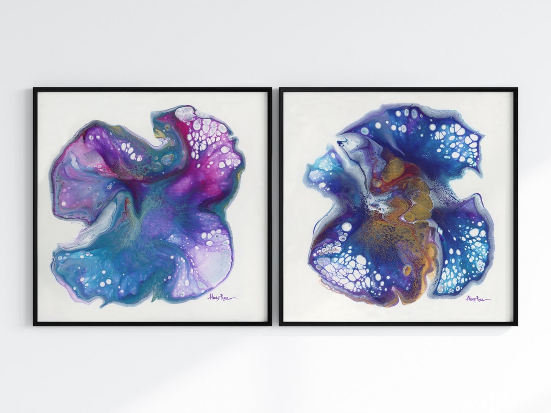 Purple Blue Pink Gold Wall Art Set of 2 Prints, Square Abstract Print
