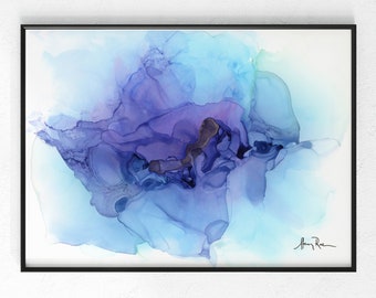 Lila blaue Alkoholtinte Wandkunst, Landschaft zarte abstrakte lila Gold Druck, Wohndekor, handgemachtes Gemälde, digitaler Download, Fluid Art