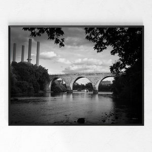 Stone Arch Bridge Daytime Photo Wall Art, Photography Print Landscape, Black and White Nature, Minneapolis MN Skyline, Mississippi River
