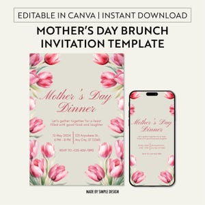 Mother&#39;s Day Brunch Invitation, Floral Mothers Day Invite, Mothers&#39; Day Lunch Invitation Template, Minimalist Mothers Day, Canva Editable