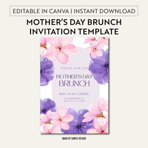 Mother&#39;s Day Brunch Invitation, Floral Mothers Day Invite, Mothers&#39; Day Lunch Invitation Template, Minimalist Mothers Day, Canva Editable