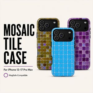 Puede incluir: Tres fundas para iPhone con diseños de mosaicos en oro, azul y morado. El texto de la imagen dice "MOSAIC TILE CASE" y "For iPhone 13-17 Pro Max". Las fundas son compatibles con MagSafe.