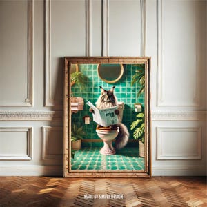 Bathroom Cat Reading Newspaper Print | Vintage Cat Print | Maximalist Wall Art | Bathroom Decor | Toilet Poster | Cat print | Black Cat Art