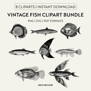 Fischer Ästhetik | Vintage Fisch Clipart | 8 PNG-, SVG-, PDF-Dateien | Retro Fisch Illustrationen | Fischen Digital Art | Sofort Download