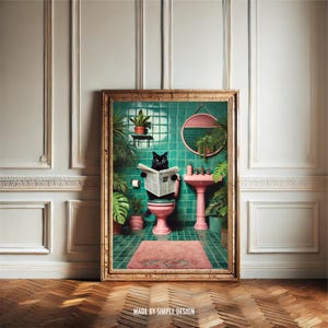 Bathroom Cat Reading Newspaper Print | Vintage Cat Print | Maximalist Wall Art | Bathroom Decor | Toilet Poster | Cat print | Black Cat Art