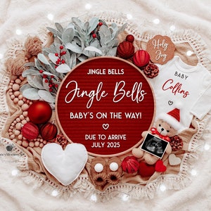 Jingle Bells Baby on the Way Anúncio de gravidez de Natal, cartão digital festivo, revelação de bebê de Natal, surpresa para os pais da família grávida
