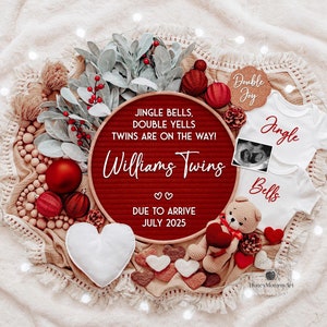 Jingle Bells Double Yells Anuncio de embarazo de gemelos, revelación navideña, tarjeta digital navideña, sorpresa festiva para gemelos, tarjeta de gemelos de Santa