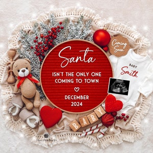 Anúncio de gravidez de Natal Anúncio digital de bebê Mídia social digital Neutro Boho Papai Noel chegando à cidade Modelo editável de inverno