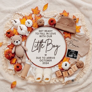 Anuncio de embarazo de otoño digital, revelación de bebé varón, redes sociales Instagram y Facebook, niño pequeño, ecografía, plantilla digital editable