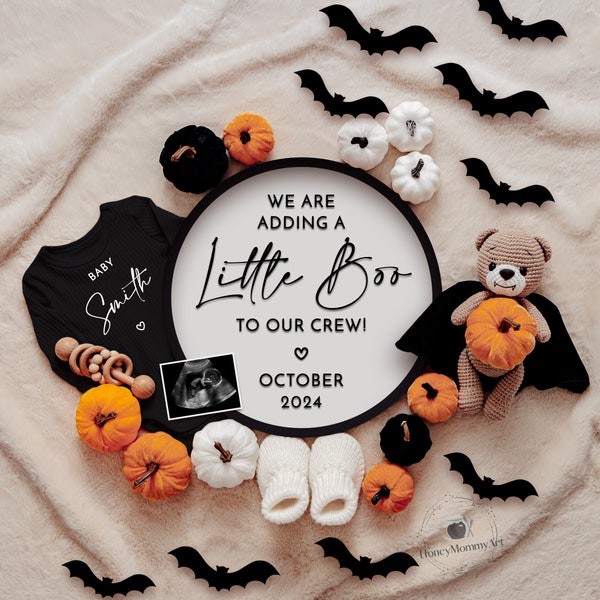 Halloween Pregnancy Announcement Digital, Baby Reveal, Social Media Instagram & Facebook, Gender Neutral, Fall, Autumn, Teddy Bear, Bats