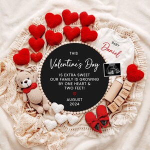 Anuncio de embarazo digital para el día de San Valentín, plantilla de anuncio de bebé, revelación de embarazo para redes sociales, por One Heart And Two Feet