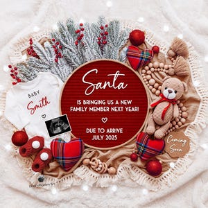 Anúncio de gravidez de Natal digital, revelação festiva de feriado, cartão digital de bebê a caminho, Papai Noel está trazendo um novo membro para a família