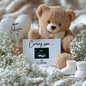 Modèle numérique éditable de toile d'annonce de grossesse d'un ours en peluche, simple révélation de bébé pour les médias sociaux ou carte imprimable avec échographie