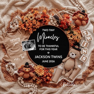May include: A baby announcement with the text "TWO TINY Miracles" and "JACKSON TWINS JUNE 2026". The announcement includes two onesies, a sonogram, crocheted bears, wooden blocks spelling "TWINS", and decorative flowers.
