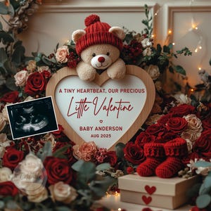 Anuncio digital de bebé para San Valentín, revelación de embarazo, anuncio de latidos del corazón diminutos, corazón de San Valentín, bebé de San Valentín, plantilla de embarazo