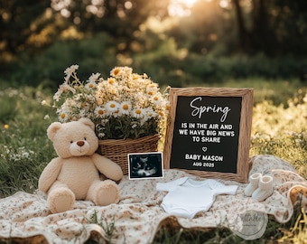 Floral Teddy Bear Spring Pregnancy Announcement: Social Media Reveal (Digital Download)