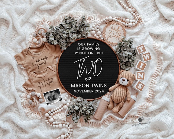Boho Twin Pregnancy Announcement | Growing By Two | Neutral Double Reveal Digital Template