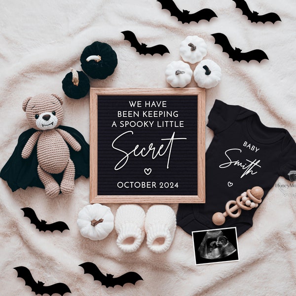 Halloween Pregnancy Announcement Digital, Baby Reveal, Social Media Instagram & Facebook, Gender Neutral, Fall, Autumn, Teddy Bear, Bats