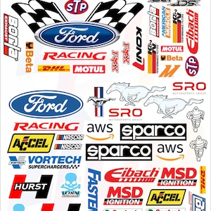 Puede incluir: Colección de logotipos de marcas de automoción, incluyendo Ford, STP y Hurst, en varios colores y estilos. Adecuado para entusiastas de los coches y proyectos de automoción, con marcas de carreras y rendimiento.