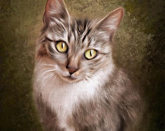 May include: A portrait of a cat with yellow eyes and gray and white fur. The cat has a fluffy chest and a focused gaze. The background is a textured, muted green.