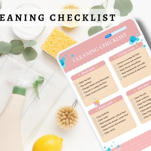 May include: A pink and white printable cleaning checklist with a checklist for each room of the house: bedroom, bathroom, living room, and kitchen. Each room has a list of cleaning tasks to complete. The checklist is illustrated with cartoon images of people cleaning.