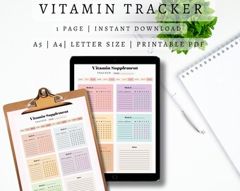 May include: A digital vitamin tracker displayed on a clipboard and tablet. The tracker is a printable PDF with a colorful layout for tracking vitamin intake. The text on the image reads "Vitamin Tracker" and "Instant Download".