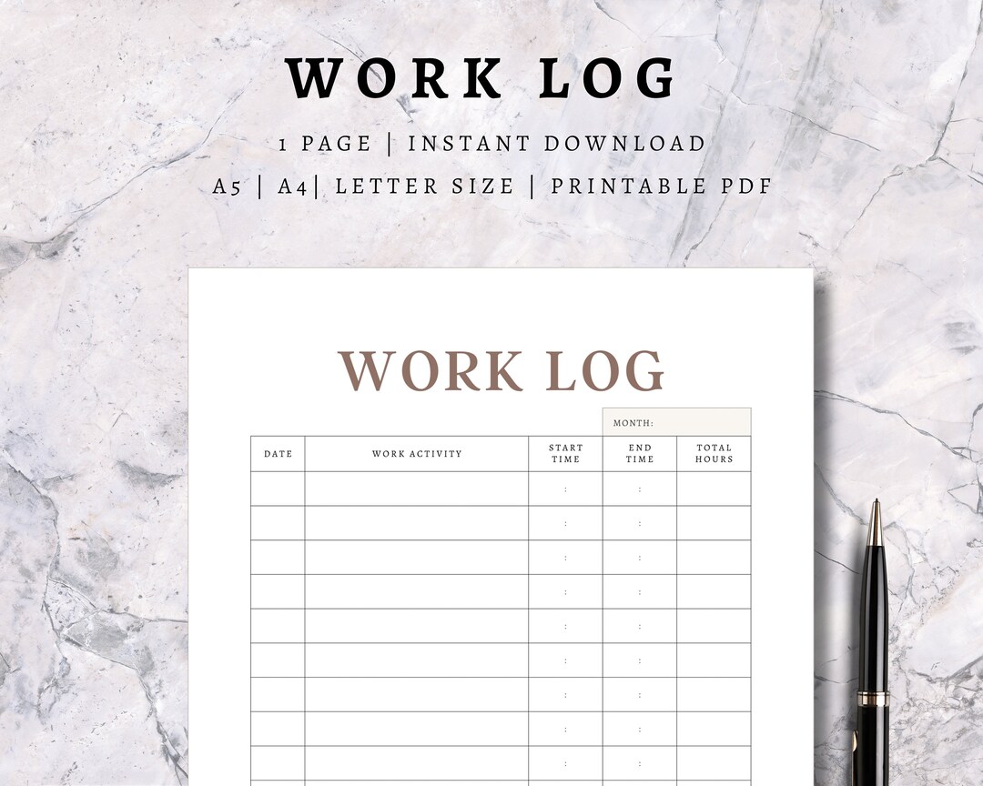 Printable Work Log Time Tracker, Work Schedule (A4, A5, US Letter ...