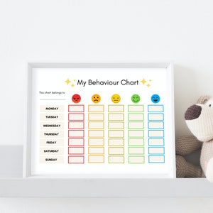 May include: A white printable behavior chart with a title "My Behaviour Chart" and a space to write "This chart belongs to". The chart has seven columns with different colored backgrounds: red, orange, yellow, green, blue, and a space for writing the days of the week: Monday, Tuesday, Wednesday, Thursday, Friday, Saturday, and Sunday.
