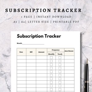 Subscription Log | Monthly Subscription | Bill Tracker | Personal Finance | Subscription Planner | Membership Tracker | Subscription