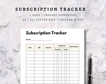 Subscription Tracker Monthly Bill Planner (Digital Download)