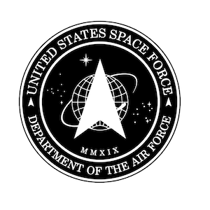 May include: Black and white United States Space Force emblem. The circular design features the text "UNITED STATES SPACE FORCE" and "DEPARTMENT OF THE AIR FORCE". A white arrow points upward, with a globe and stars in the background. The Roman numeral "MMXIX" is at the bottom.