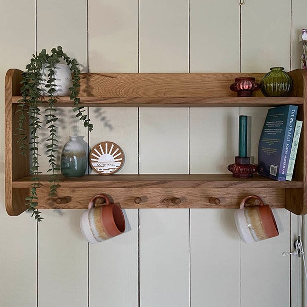 Kitchen Tea Shelf with hooks - Hand Made from Solid Oak - Made in Cornwall
