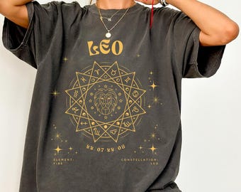 Leo Zodiac Shirt, Astrology Graphic Tee, Celestial Horoscope T-Shirt, Mystic Fire Sign Tee, Oversized Vintage Leo T-Shirt