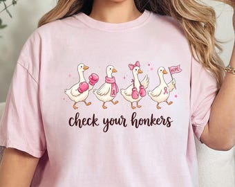 Breast Cancer Awareness Comfort Colors Shirt, Cute Goose Pink Ribbon Graphic Tee, Check Your Honkers Survivor Support Shirt Gift