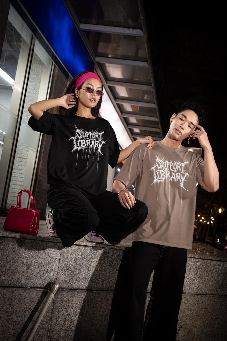 Support Your Local Library Shirt, Metal Book Lover Tee, Comfort Colors Goth Shirt, Funny Reading Shirt, Library Punk Shirt, Black Tee zdjęcie 7