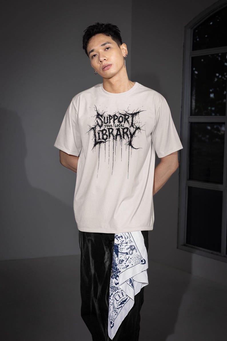 Support Your Local Library Shirt, Metal Book Lover Tee, Comfort Colors Goth Shirt, Funny Reading Shirt, Library Punk Shirt, Black Tee zdjęcie 5
