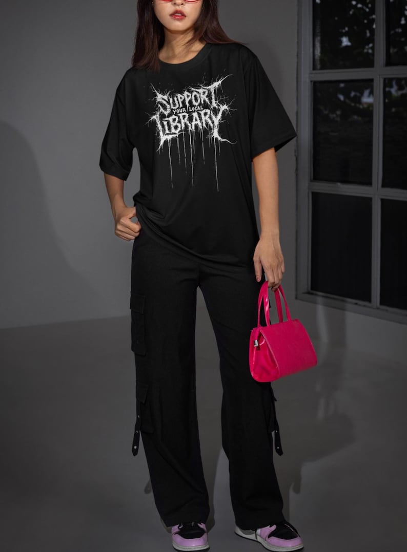 Support Your Local Library Shirt, Metal Book Lover Tee, Comfort Colors Goth Shirt, Funny Reading Shirt, Library Punk Shirt, Black Tee zdjęcie 2