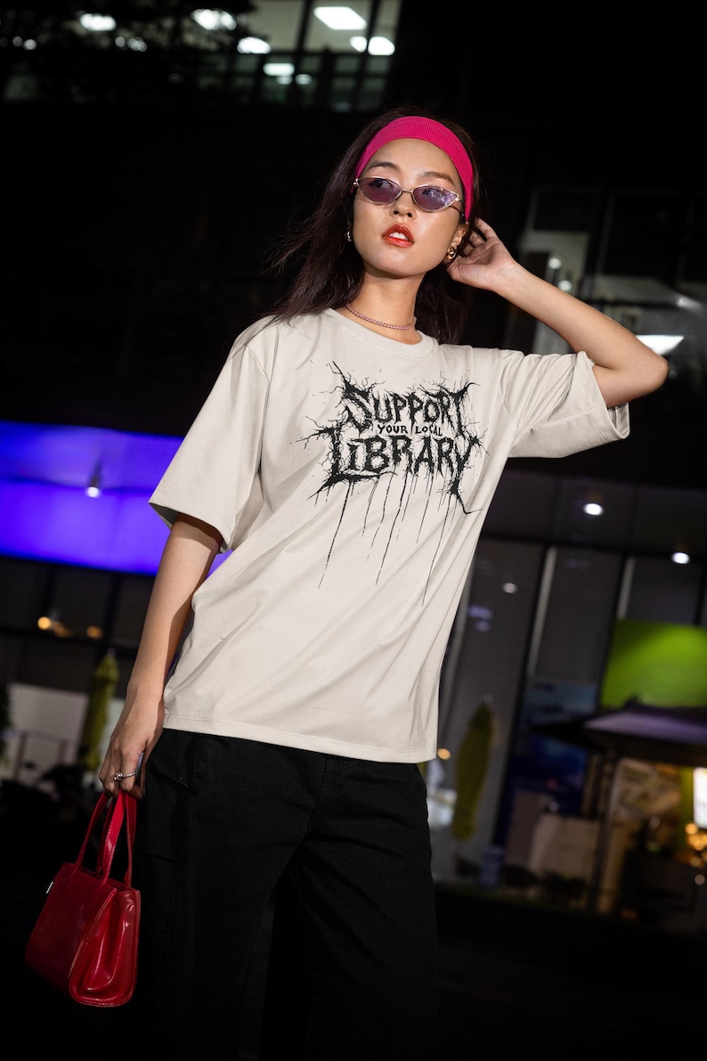 Support Your Local Library Shirt, Metal Book Lover Tee, Comfort Colors Goth Shirt, Funny Reading Shirt, Library Punk Shirt, Black Tee zdjęcie 6