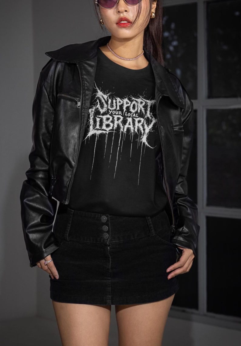 Support Your Local Library Shirt, Metal Book Lover Tee, Comfort Colors Goth Shirt, Funny Reading Shirt, Library Punk Shirt, Black Tee zdjęcie 3