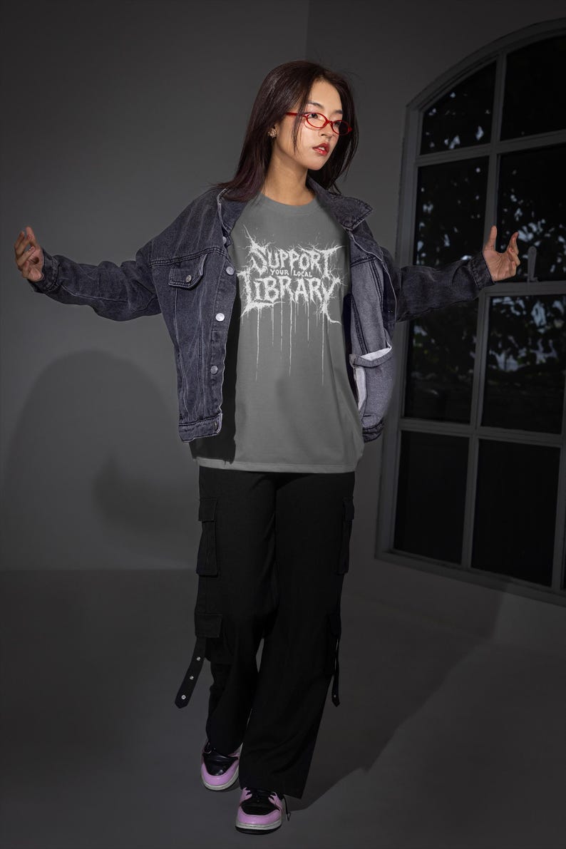 Support Your Local Library Shirt, Metal Book Lover Tee, Comfort Colors Goth Shirt, Funny Reading Shirt, Library Punk Shirt, Black Tee zdjęcie 8
