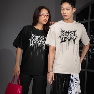 Support Your Local Library Shirt, Metal Book Lover Tee, Comfort Colors Goth Shirt, Funny Reading Shirt, Library Punk Shirt, Black Tee zdjęcie 4