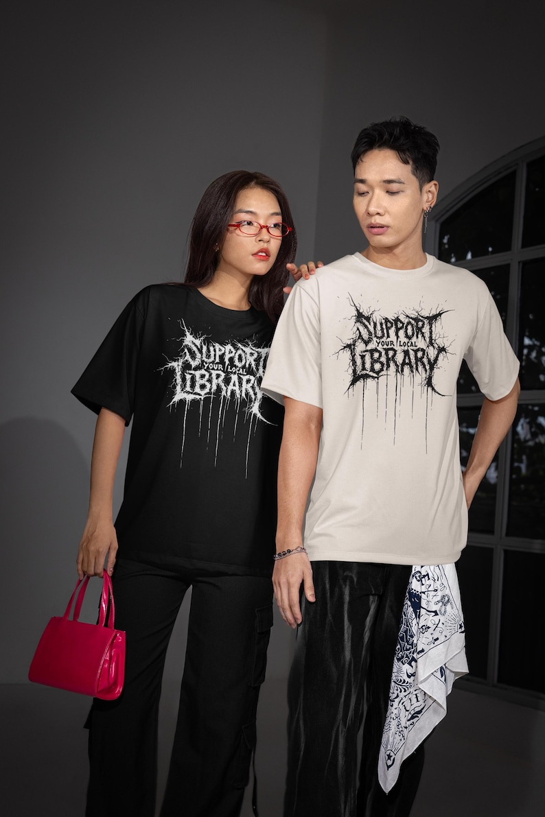 Support Your Local Library Shirt, Metal Book Lover Tee, Comfort Colors Goth Shirt, Funny Reading Shirt, Library Punk Shirt, Black Tee zdjęcie 4
