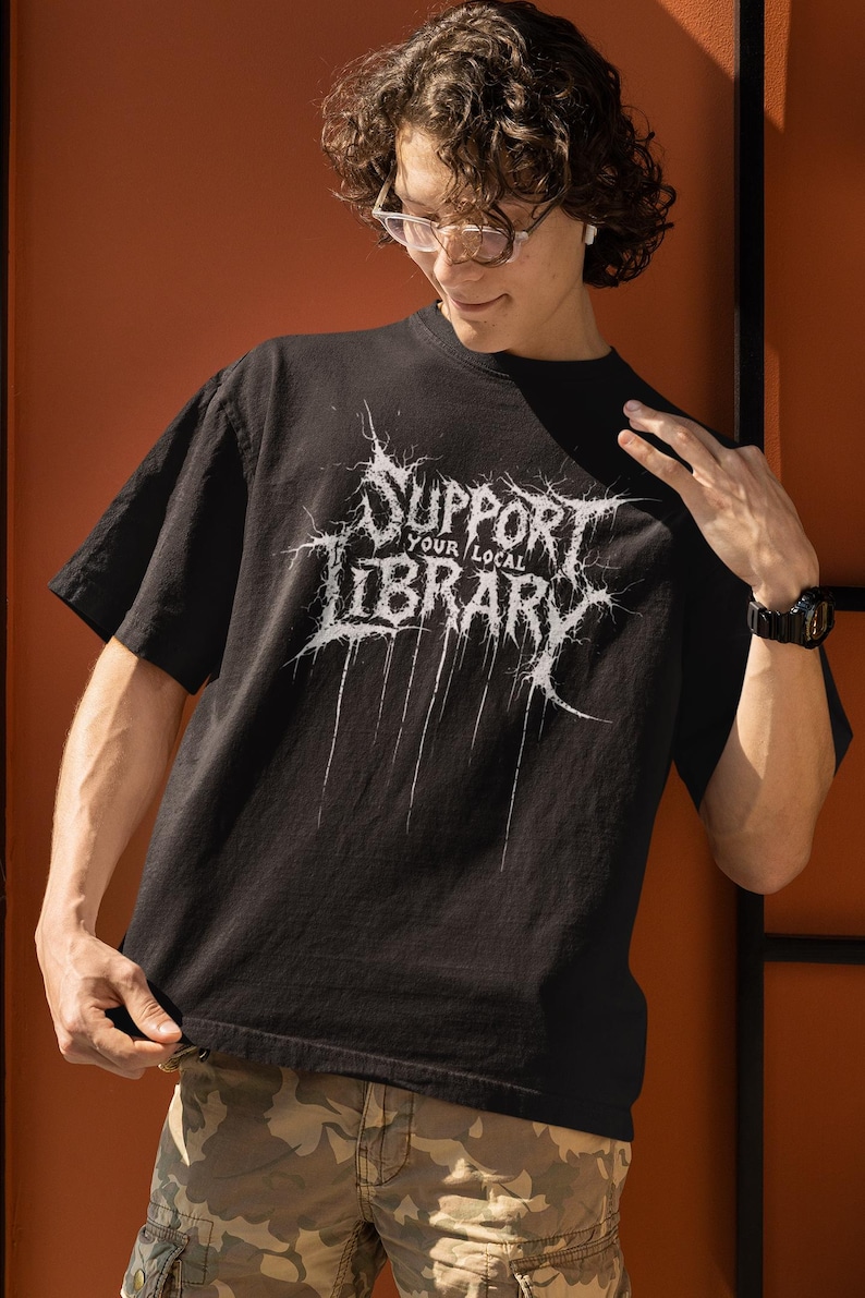 Support Your Local Library Shirt, Metal Book Lover Tee, Comfort Colors Goth Shirt, Funny Reading Shirt, Library Punk Shirt, Black Tee zdjęcie 9