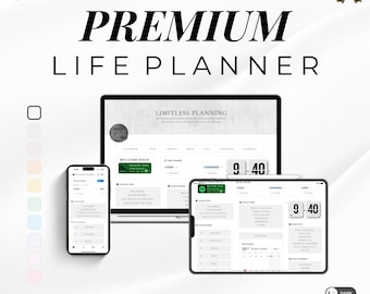 May include: A white screen with the text "PREMIUM LIFE PLANNER" in black. The screen is surrounded by a white background with a gray border. There are three devices on the screen: a laptop, a tablet, and a smartphone. All three devices are displaying a planner app with the text "LIMITLESS PLANNING" at the top of the screen. The app has a calendar, a to-do list, and a journal. The app is available in both light and dark mode. The screen also has a five-star rating and a gold badge with the number "1" on it.