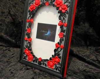 Hand Painted Gothic Rose Picture Frame: 4x6 Oval Black & Red Decor