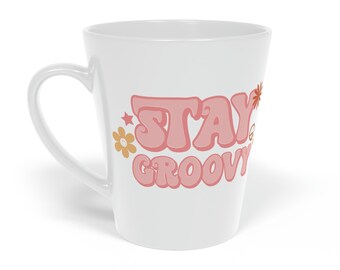 Stay Groovy Latte Coffee Mug 12oz - 70s Inspired, Pastel Pink, Swirly Font - Boost Your Mood with this Free-Spirit, Funkadelic Beverage